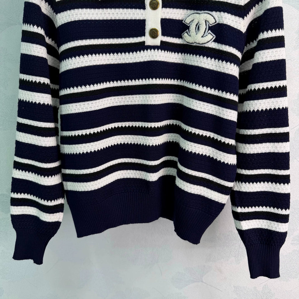 Chanel / 26F Early Autumn New Striped Polo Knit Sweater