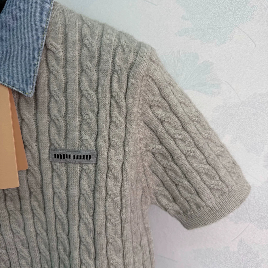 Miu Miu / Denim Patchwork Cable Knit Short Sleeve