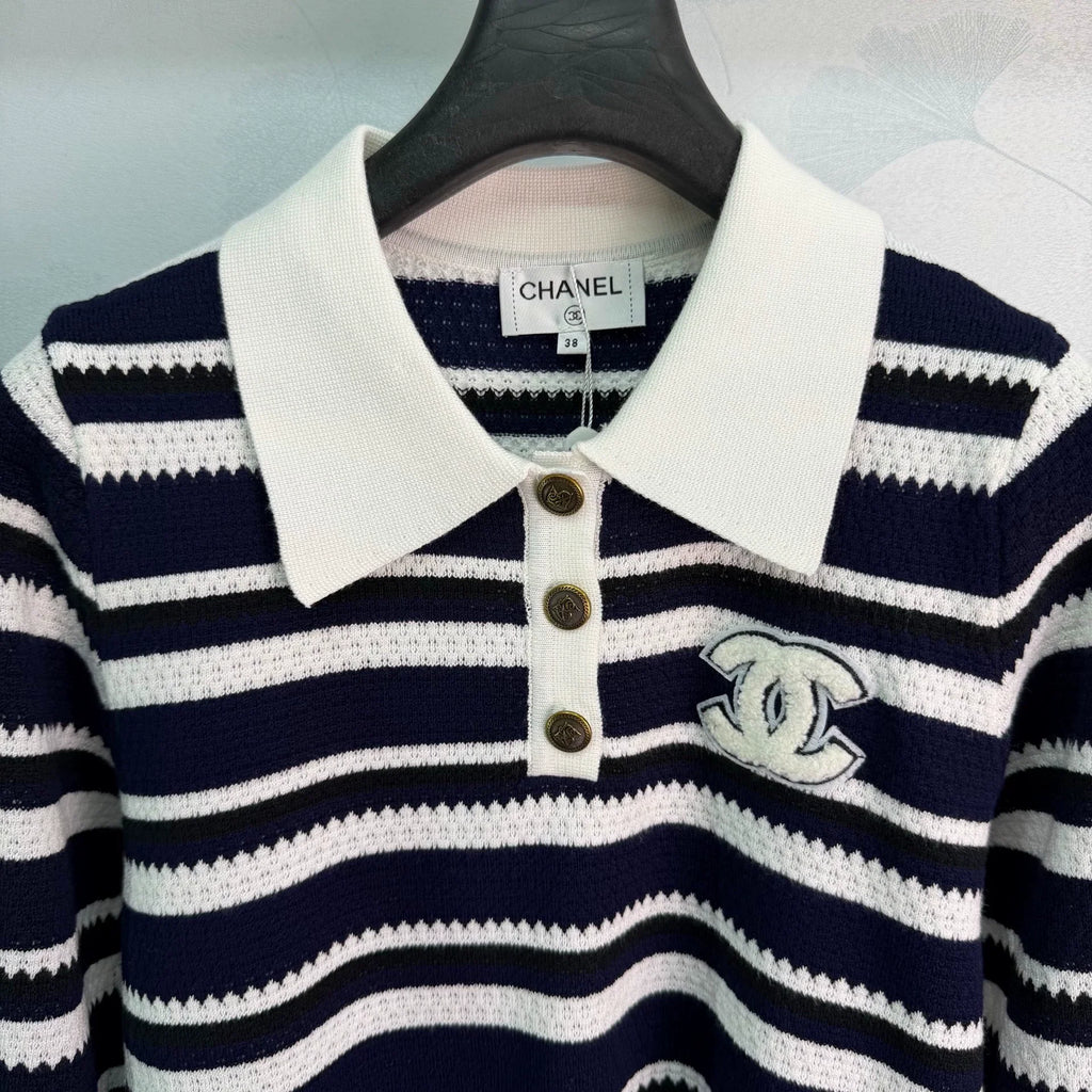 Chanel / 26F Early Autumn New Striped Polo Knit Sweater