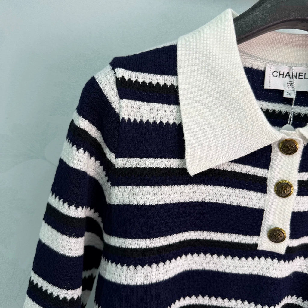 Chanel / 26F Early Autumn New Striped Polo Knit Sweater
