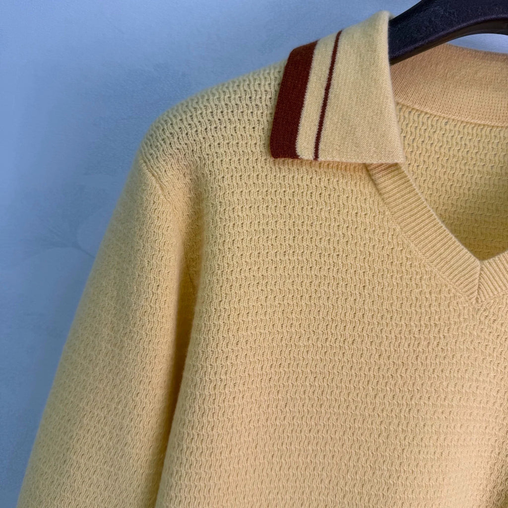MiuMiu/26 Early Autumn New Color-Block Polo Collar Openwork Knit Top
