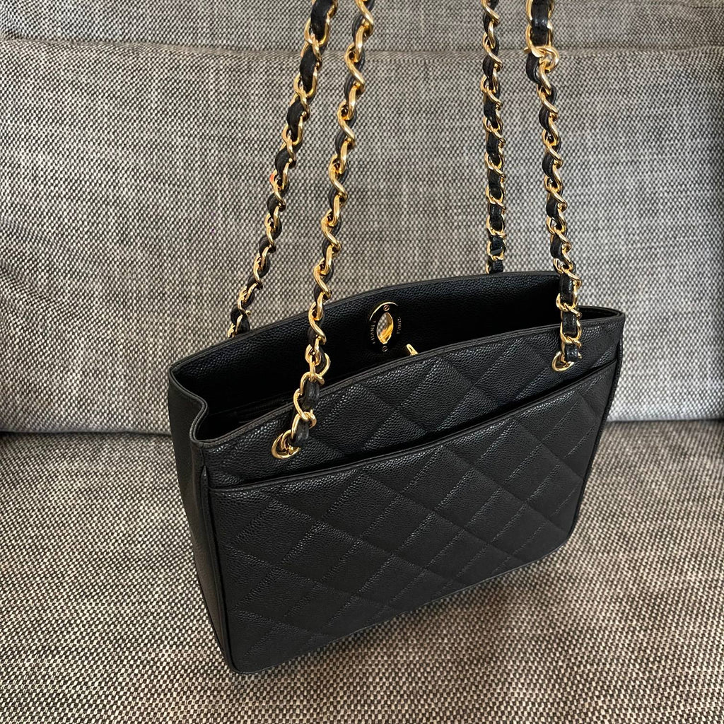 CHANEL 26S QUILTED SHOPPING TOTE BAG 28 IN BLACK CAVIAR CALFSKIN GOLD HARDWARE