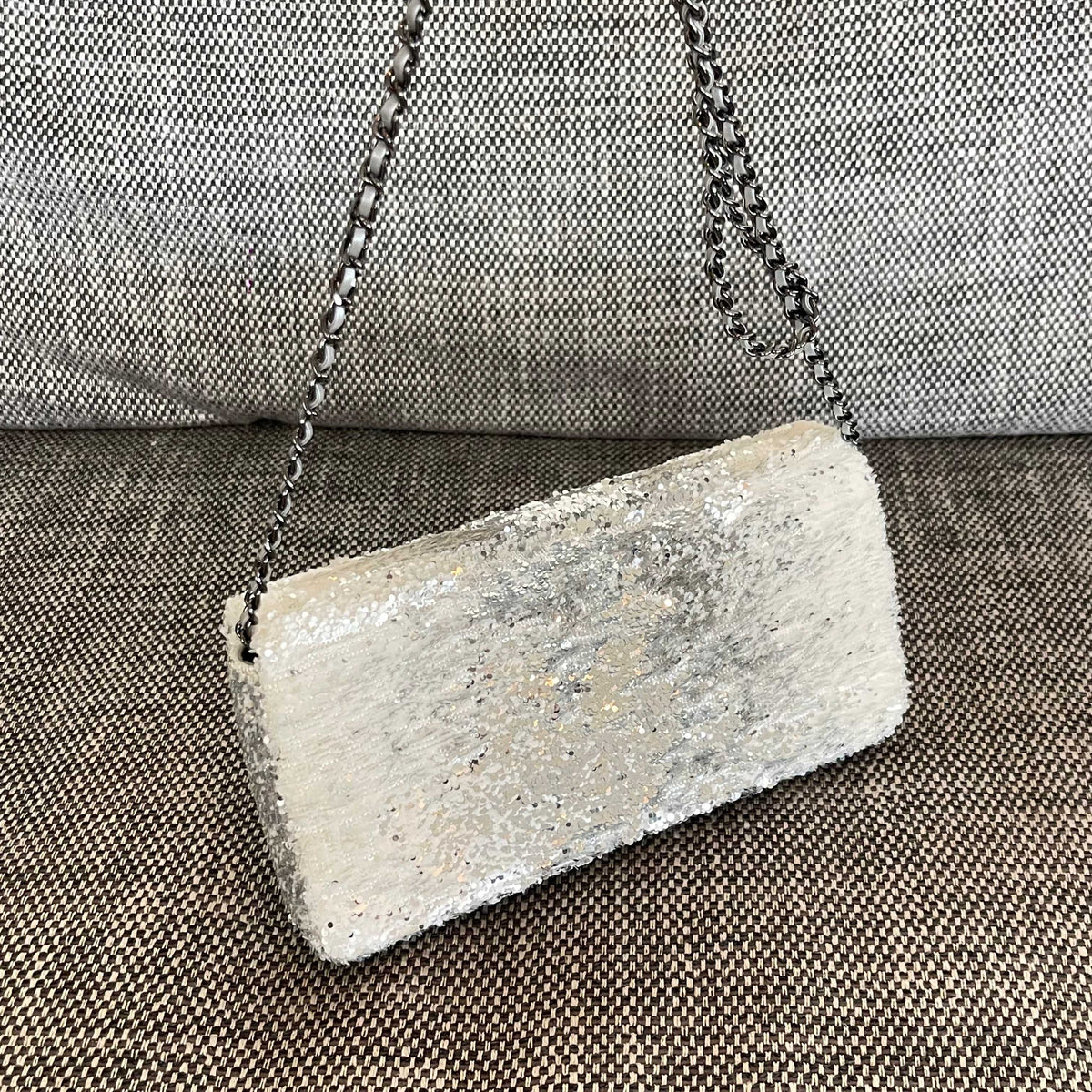 CHANEL 26S SEQUIN WOC 24 IN WHITE SILVER SEQUIN SILVER HARDWARE