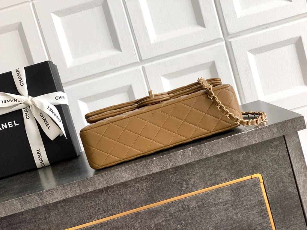 CHANEL 26S QUILTED CLASSIC FLAP MEDIUM BAG 25 IN KHAKI BROWN LAMBSKIN GOLD HARDWARE