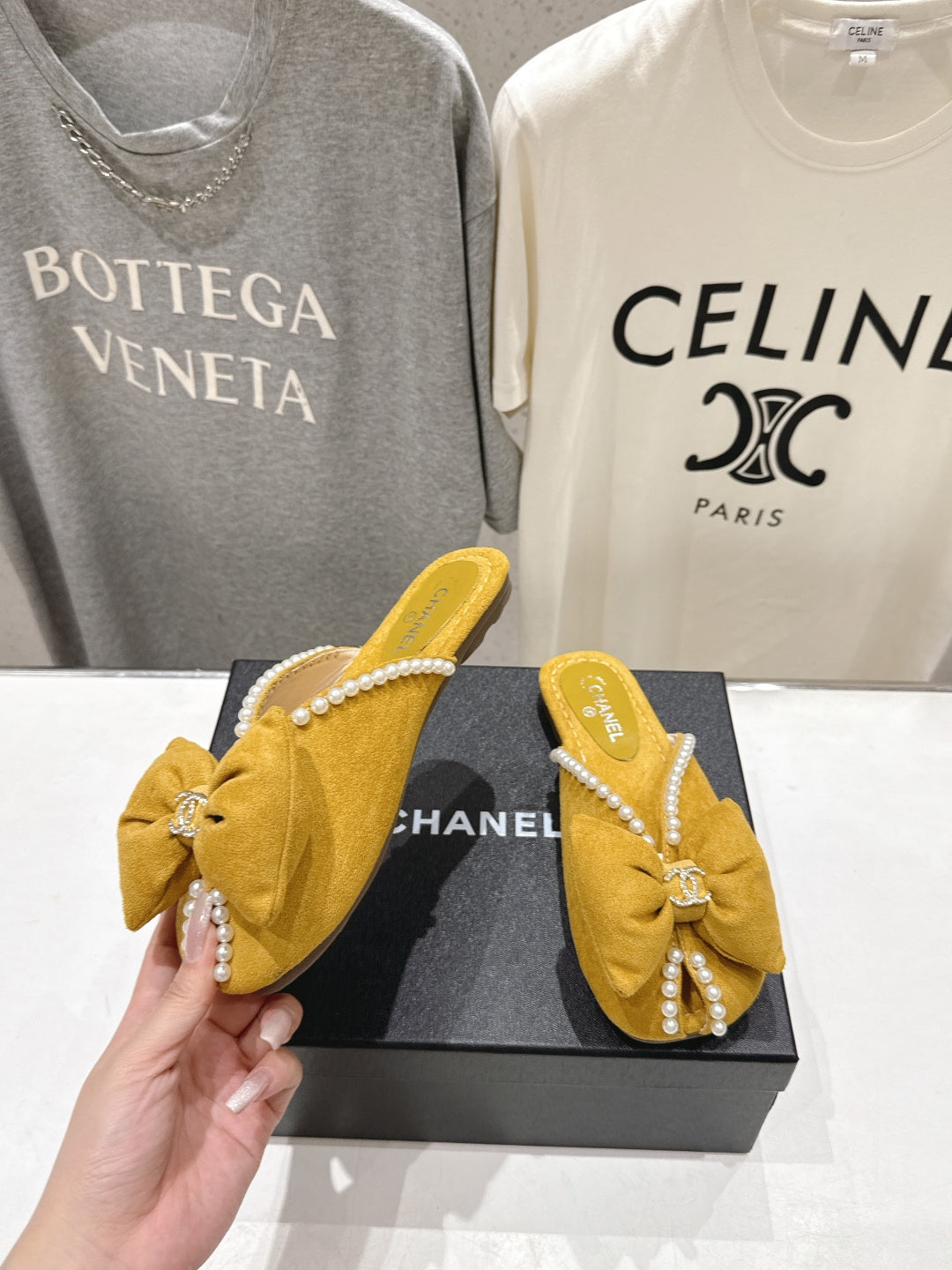 chanel/26SS NEW Pearl bow flat slippers