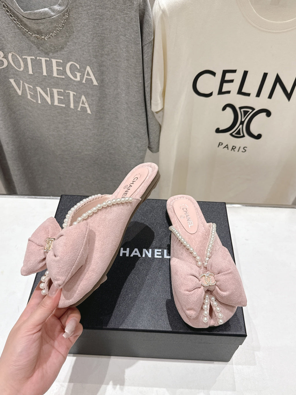 chanel/26SS NEW Pearl bow flat slippers