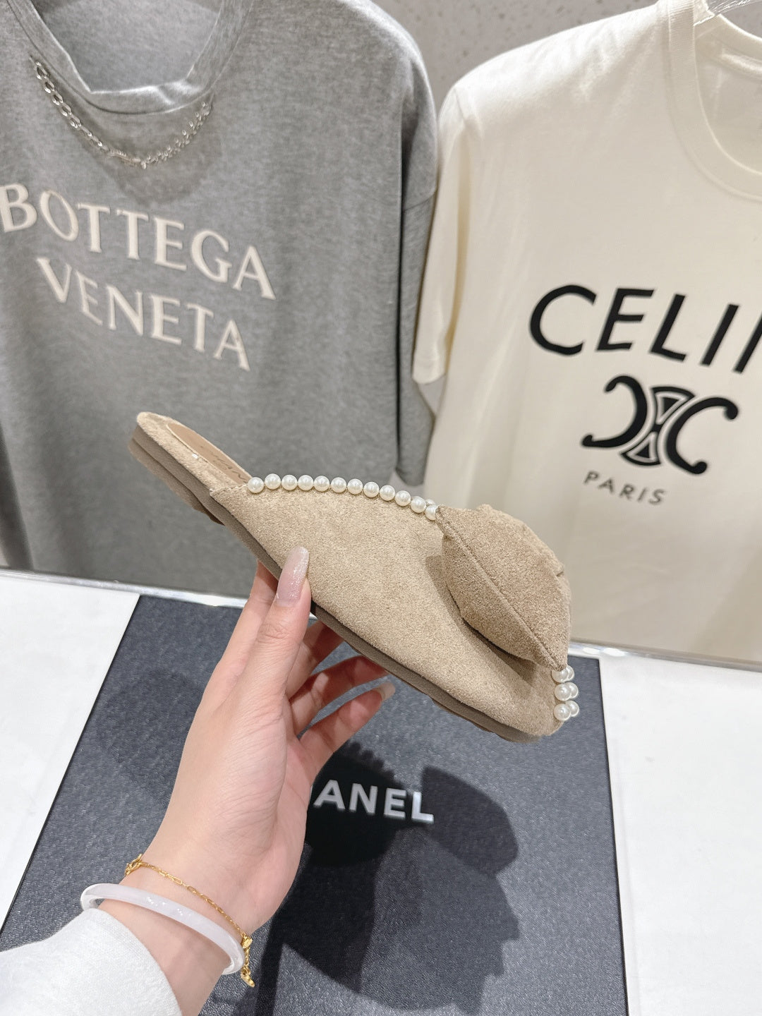 chanel/26SS NEW Pearl bow flat slippers
