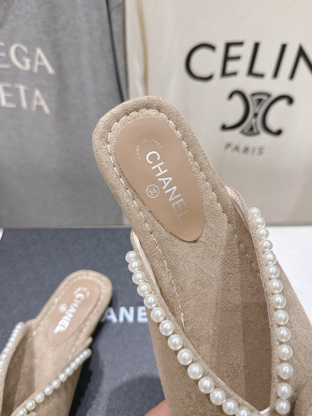 chanel/26SS NEW Pearl bow flat slippers