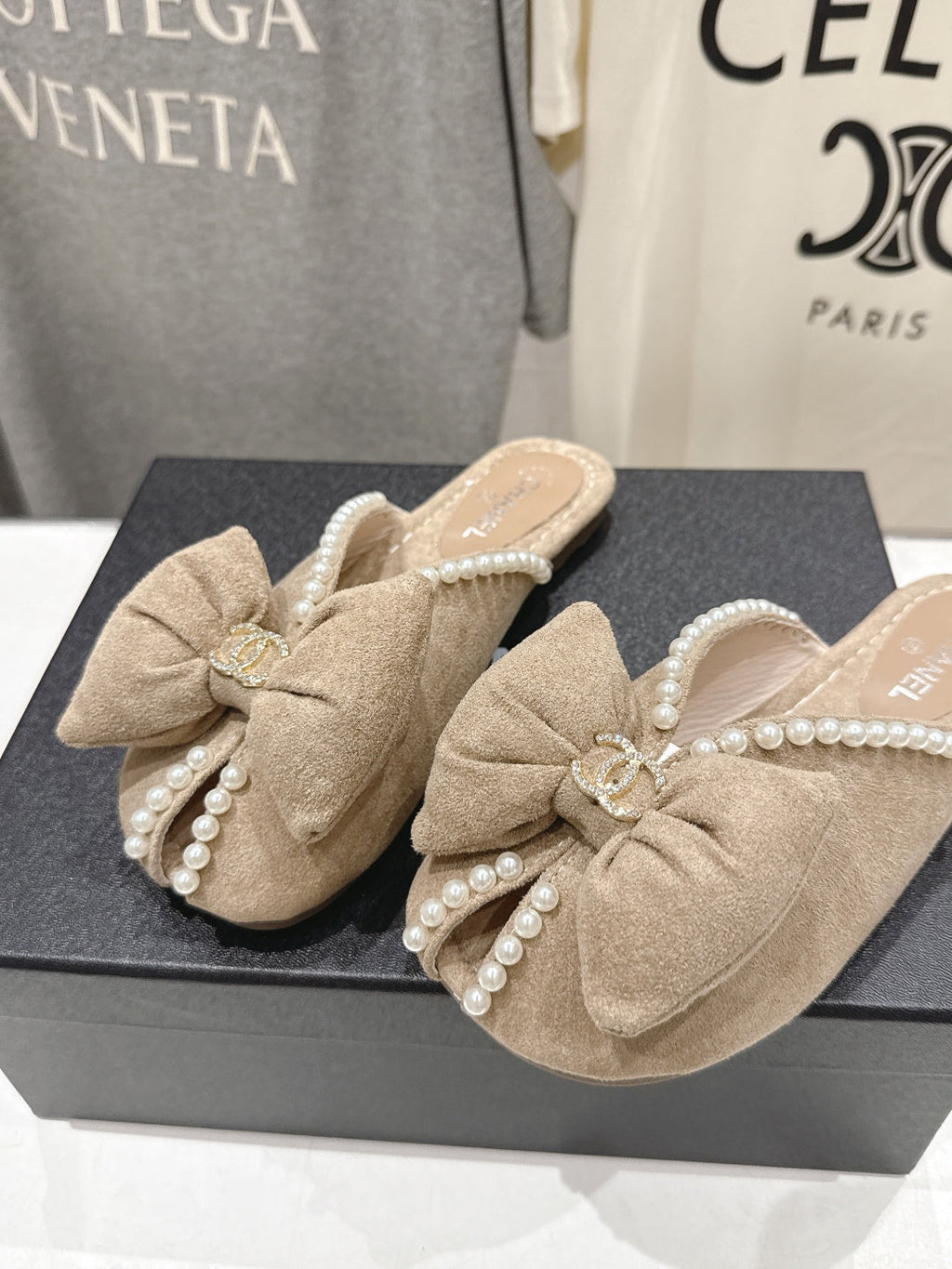 chanel/26SS NEW Pearl bow flat slippers