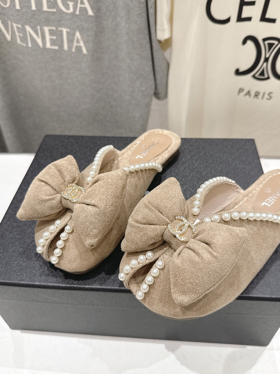 chanel/26SS NEW Pearl bow flat slippers