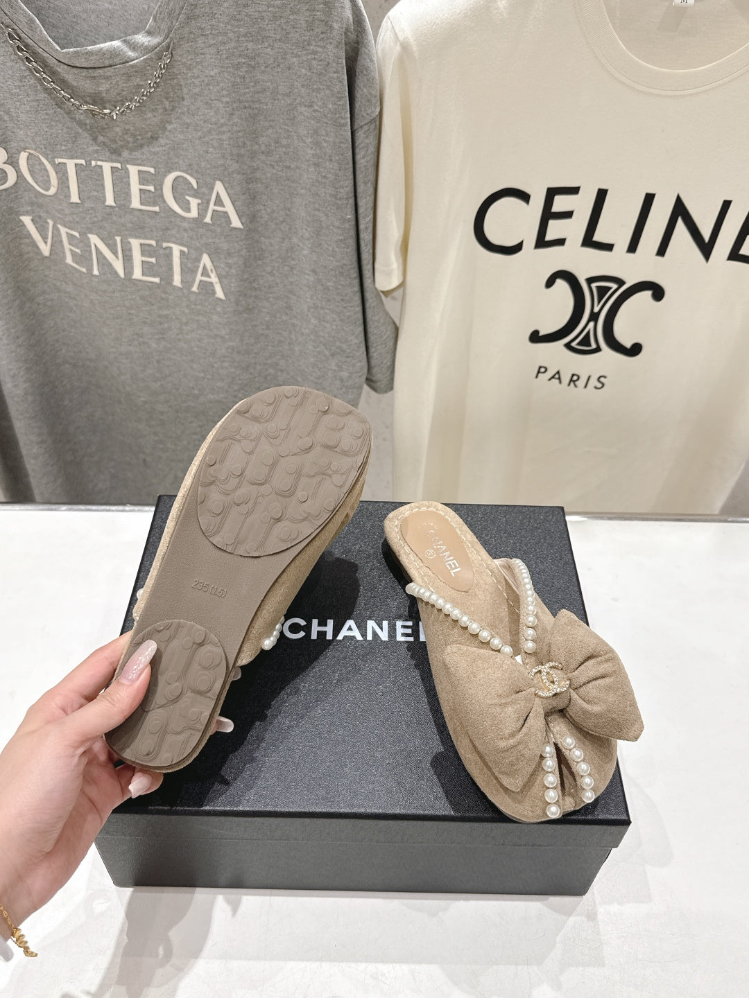 chanel/26SS NEW Pearl bow flat slippers