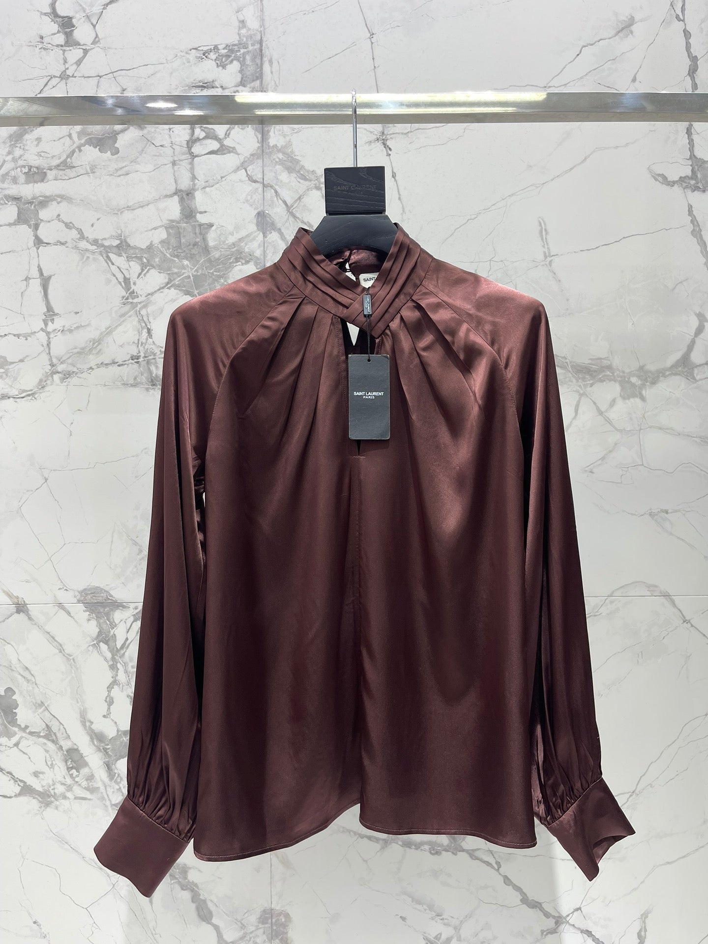 Yves Saint Laurent/🔥Highest Quality🔥26SS NEW Hollow neckline patchwork balloon sleeve shirt