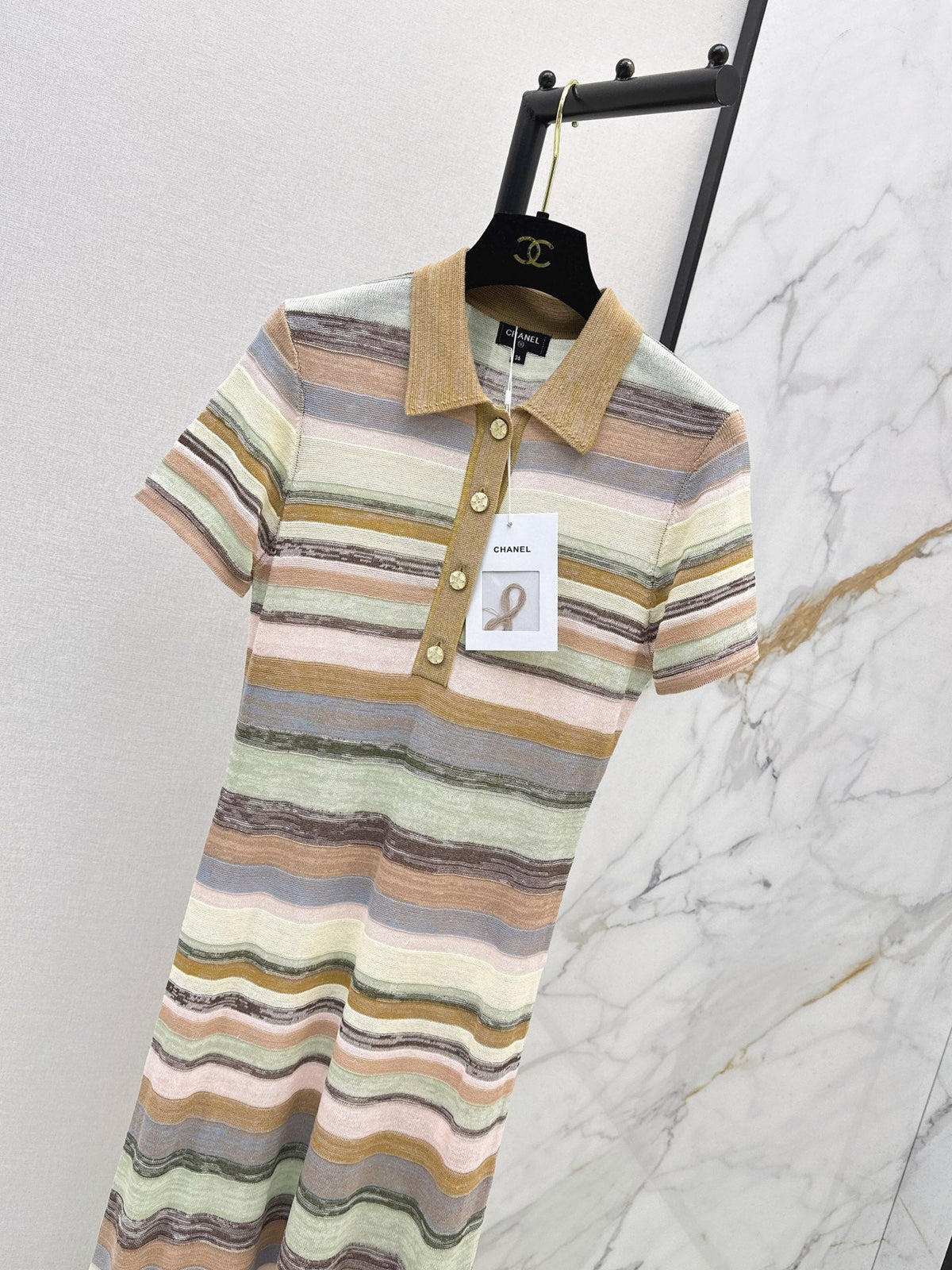 26SS NEW Color-blocked Long Striped Dress with Lapel Collar 🤎