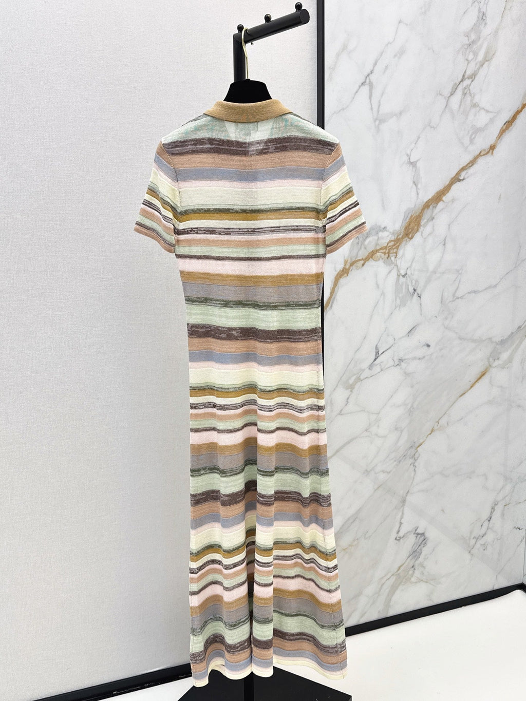 26SS NEW Color-blocked Long Striped Dress with Lapel Collar 🤎