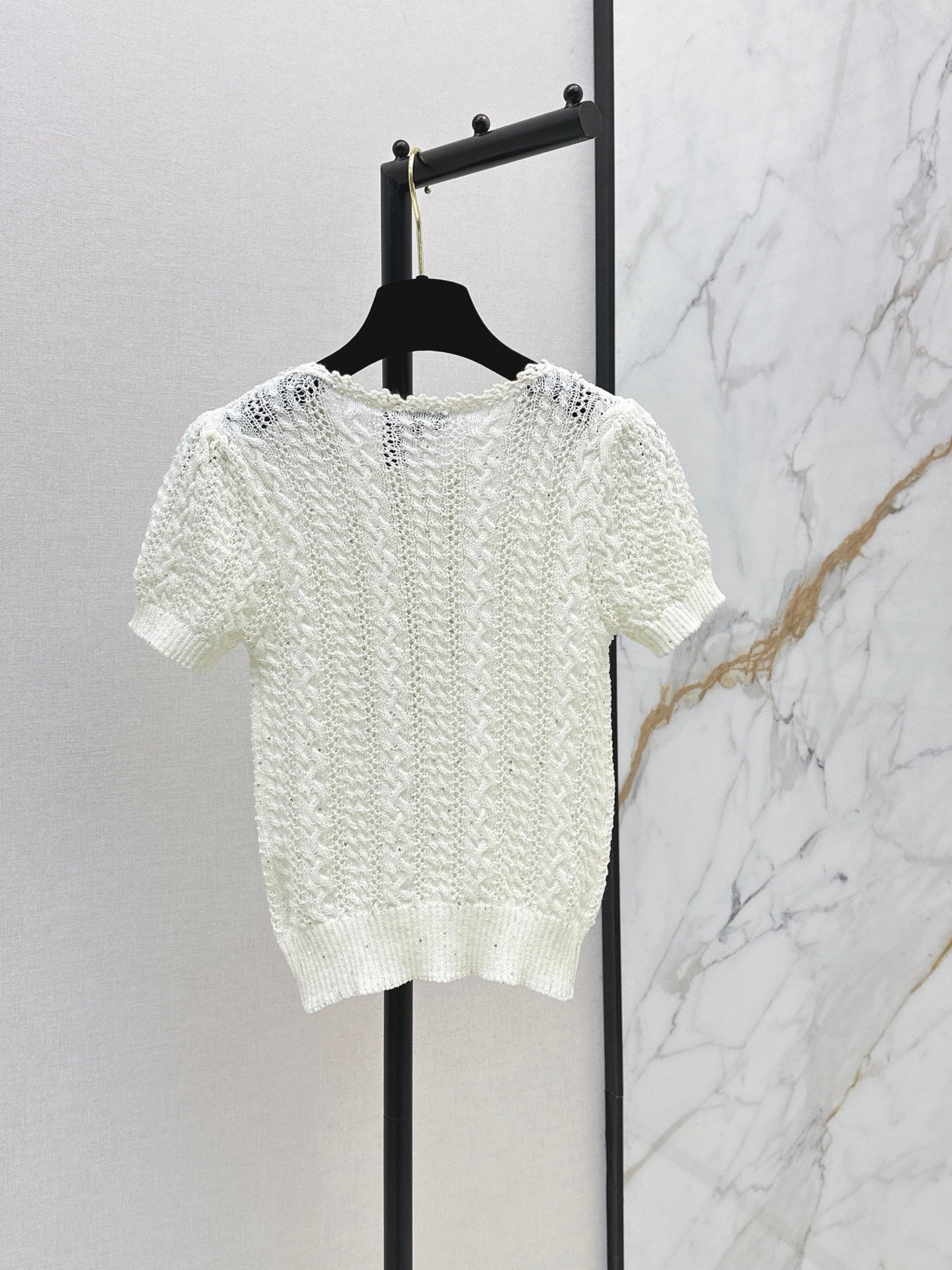 26SS NEW White Openwork Knit Short-Sleeve T-Shirt 🤍