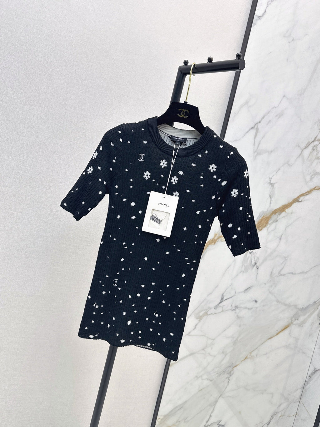 26SS NEW Coco Girls' Handmade Collection Imported Yarn Two-Tone Slim Fit Knit Three-Quarter Sleeve Top🩵