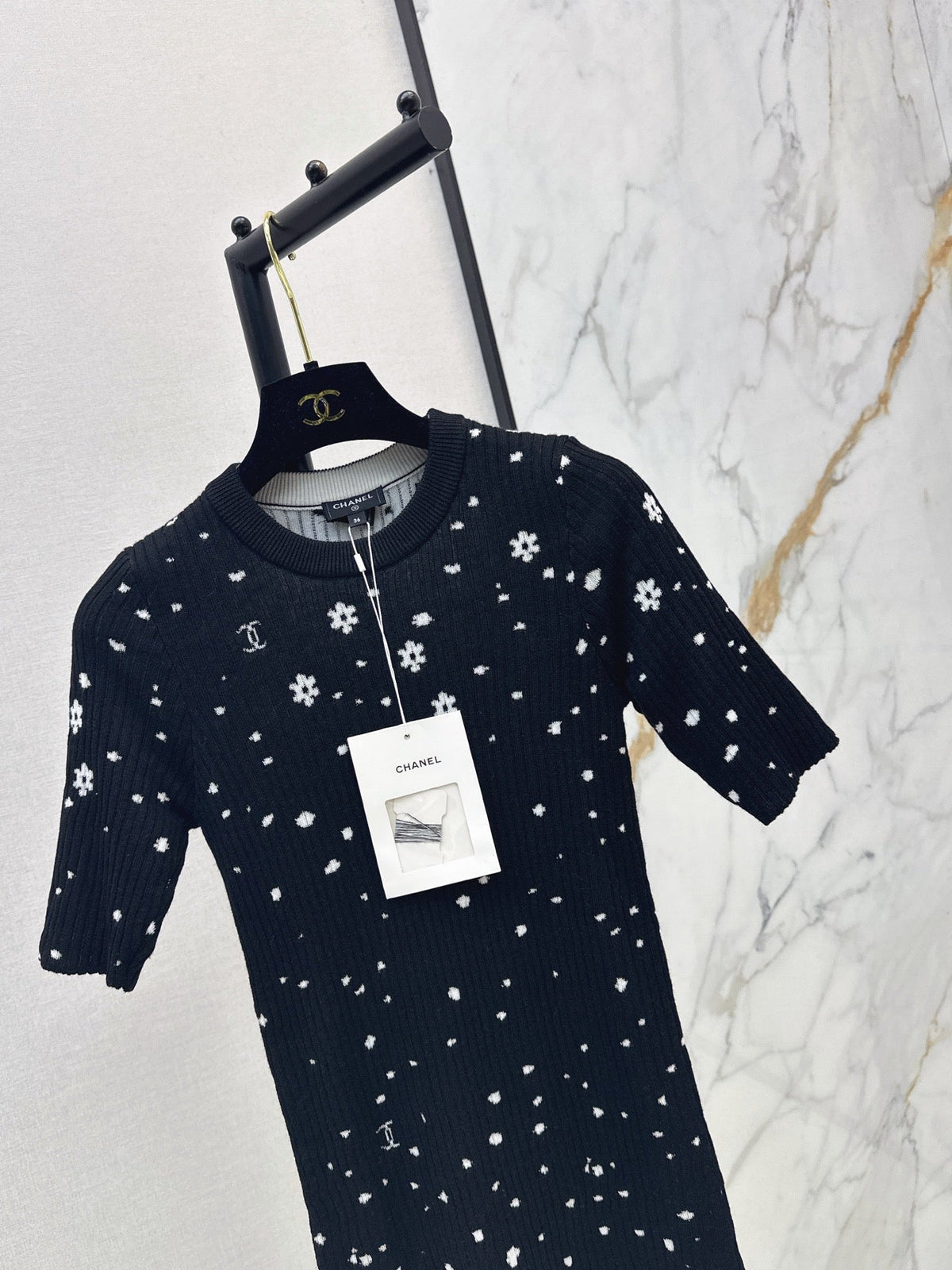 26SS NEW Coco Girls' Handmade Collection Imported Yarn Two-Tone Slim Fit Knit Three-Quarter Sleeve Top🩵