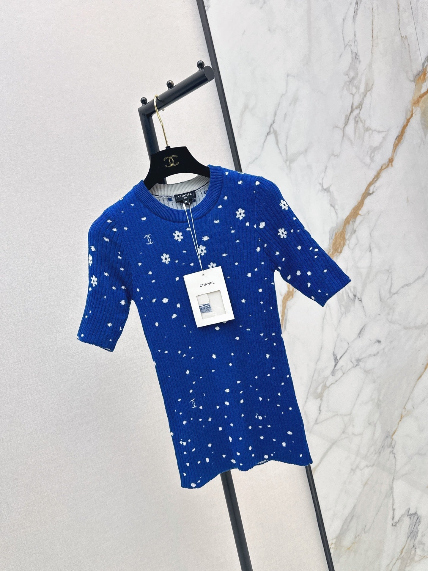 26SS NEW Coco Girls' Handmade Collection Imported Yarn Two-Tone Slim Fit Knit Three-Quarter Sleeve Top🩵