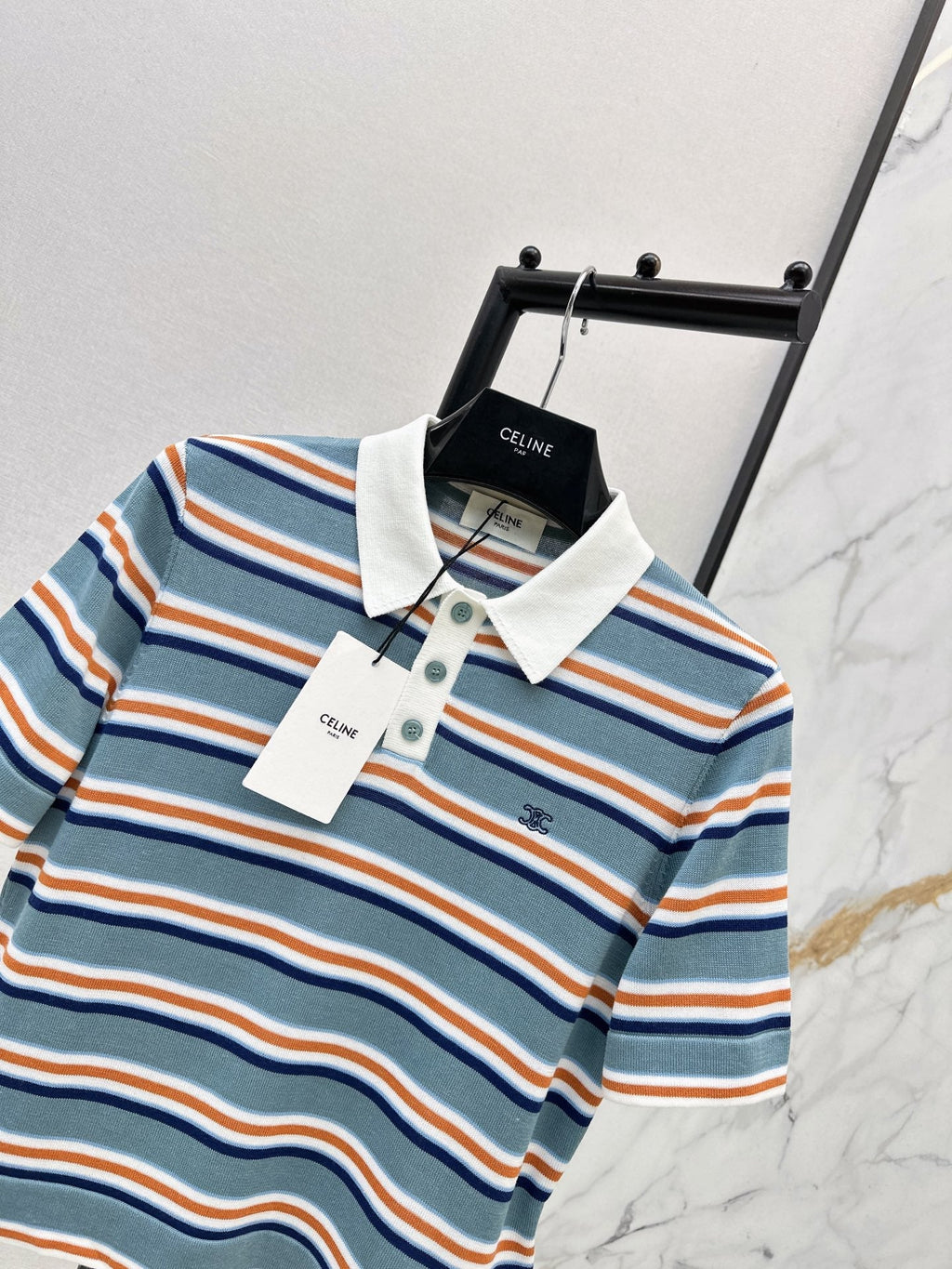26SS NEW Striped Polo Collar Embroidered Short-Sleeve Knit Top🩵