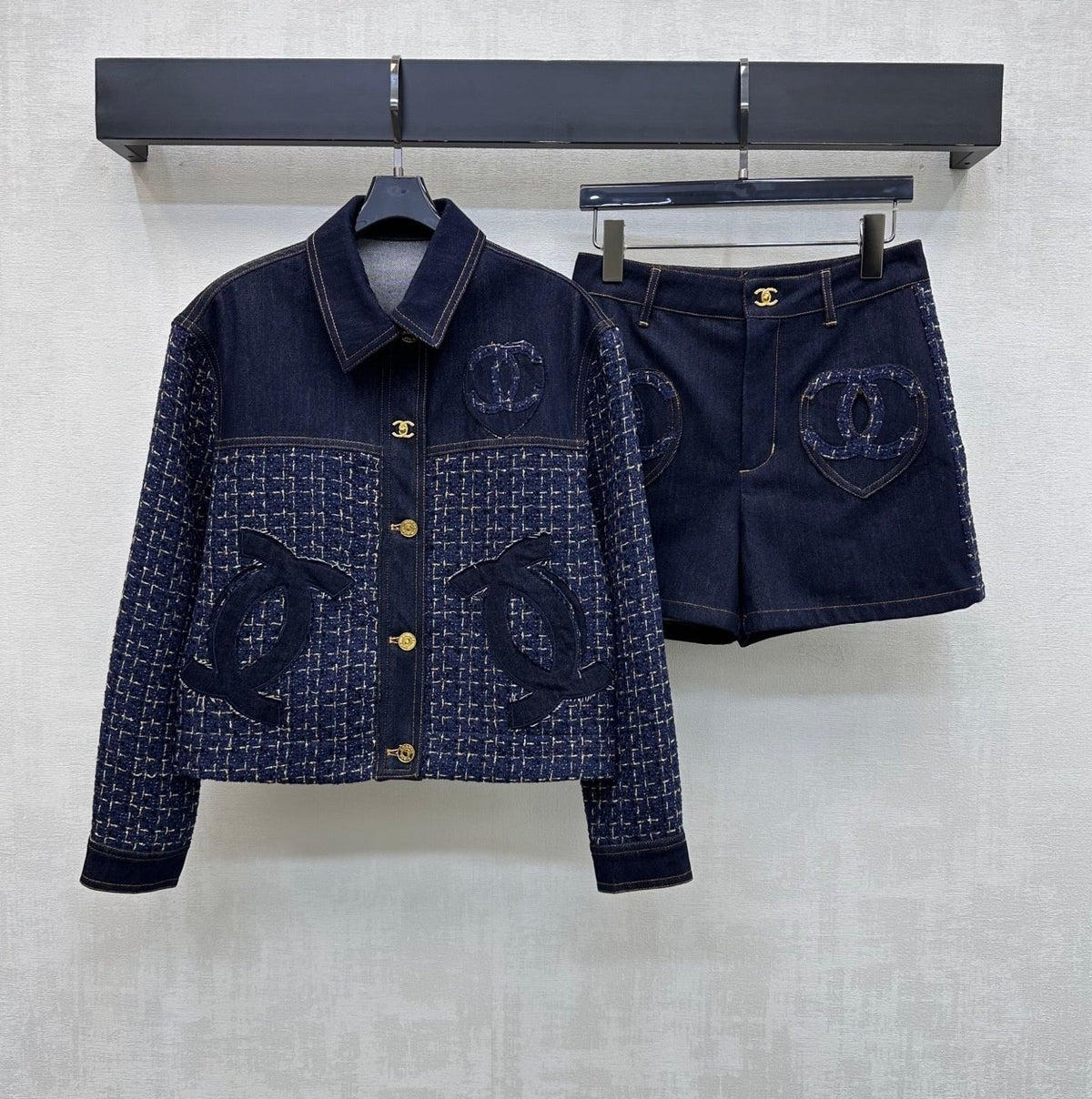 26SS NEW Tweed Patchwork Denim Shorts