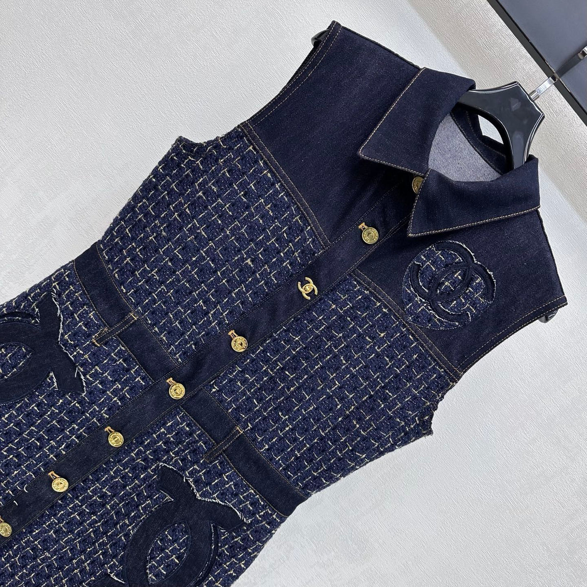 26SS NEW Tweed Patchwork Denim Vest Dress