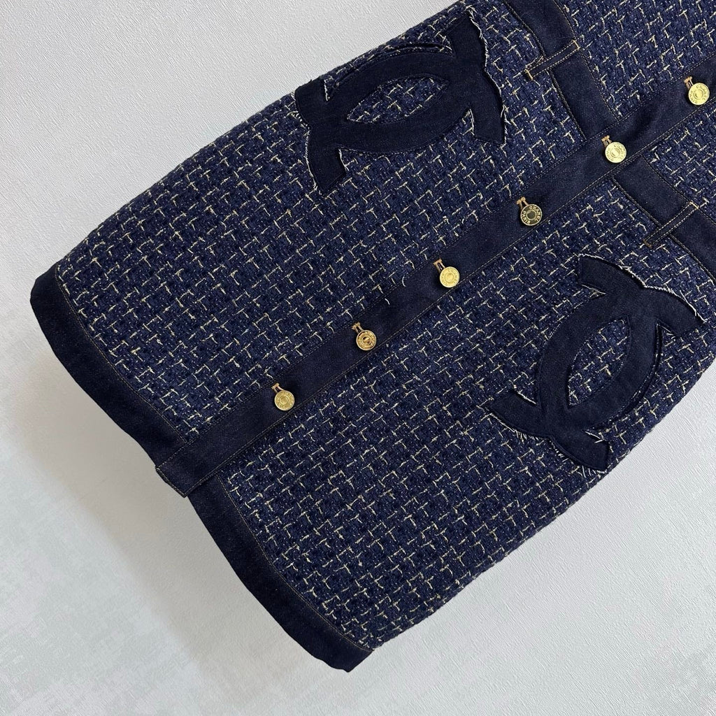 26SS NEW Tweed Patchwork Denim Vest Dress