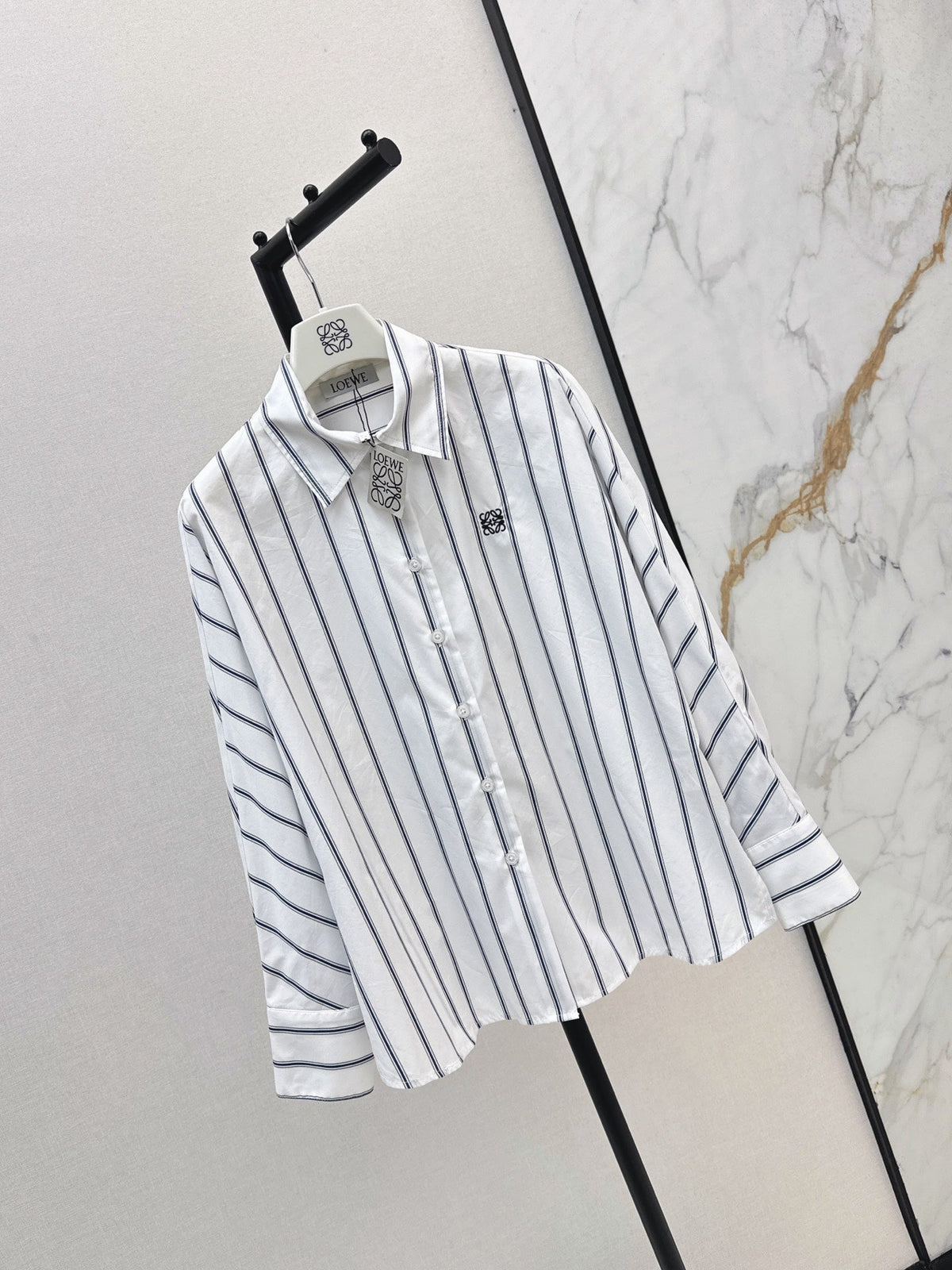 26FW New Blue Striped Shirt with Embroidered Logo and Batwing Sleeves 🩵