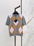 26FW New Pink-Brown Argyle Cashmere Short-Sleeve Knit Top 🩶