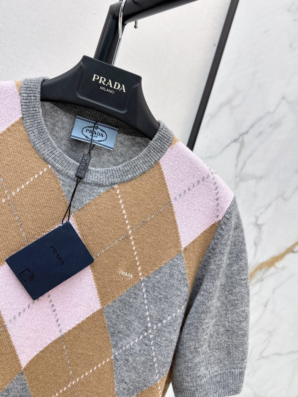 26FW New Pink-Brown Argyle Cashmere Short-Sleeve Knit Top 🩶