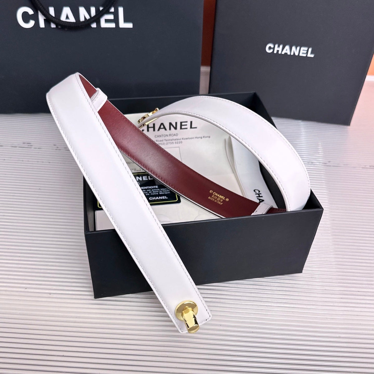 26FW New White & Red Top-Grain Leather Belt 30mm